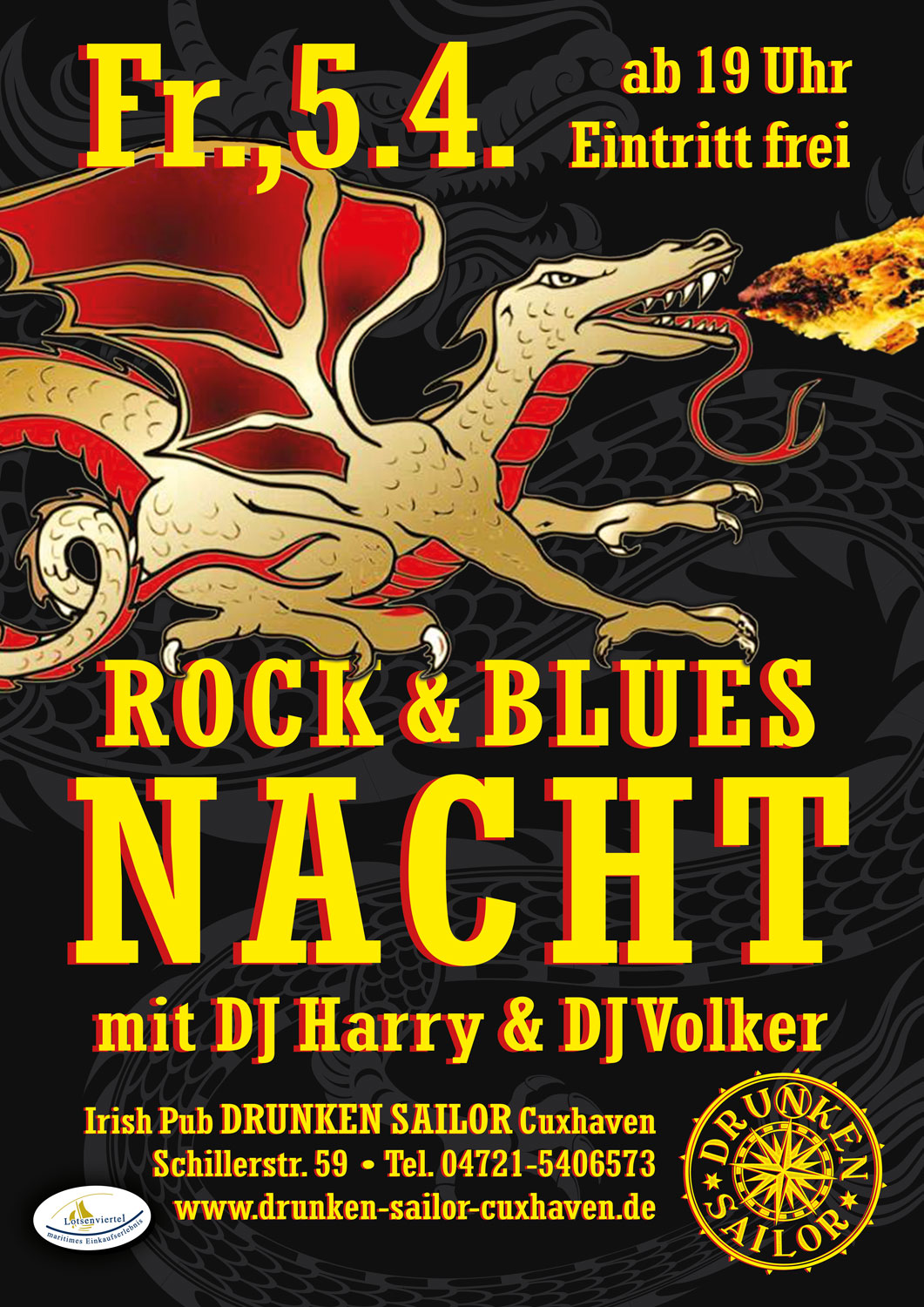 ROCK & BLUES NACHT mit DJ Harry und DJ Volker am Freitag, 05.04.2024 @ Irish Pub DRUNKEN SAILOR in Cuxhaven